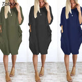 Women Casual Solid Color O Neck Long Sleeve Pockets Knee-Length Baggy Dress Vestidos Streetwear Casual Dresses