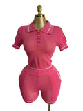 Hollow Knitted Two-Piece Collar Short-Sleeved Umbilled Blouse + High-Waisted Shorts Sports Leisure Set Spring