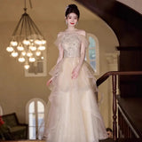 Feather Hanging Neck Open Shoulder Fashion Atmosphere Thin Long Skirt Evening Dress Students Graduation Performance Choral