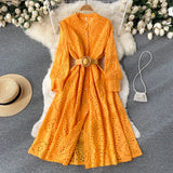 2022 Spring Women Dress Vintage Long Sleeve Single Breasted Hollow Out Solid Dresses A-line Casual Holiday Midi