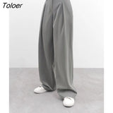 Streetwear Wide Leg Pants Female Autumn Office Chic Loose High Waist Pants Pleated Fashion Grey Floor Length Trouser