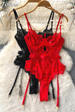 Sexy Women See Through Mesh Lace Bodysuits Black Red Spaghetti Strap Sleeveless Chain Decoration Body Femme