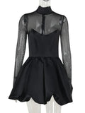 Black Turtleneck Sheer Long Sleeve Satin Mini Dress-Outfit