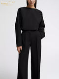 Fashion Black Office Two Piece Sets Womens Outifits Elegant O-Neck Long Sleeve Shirts With Hihg Waist Straight Pants