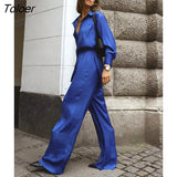 Blue Satin Office Female Sets Elegant Long Sleeve Turn-Down Collar Autumn Elastic Waist Wide Leg Pants Suits Women