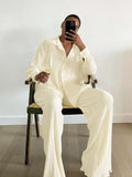 2 Piece Set Women Office Pleated Outfit Loose Elegant Long Sleeve Shirt And Pant Suit Ladies Autumn Wide Leg