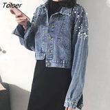 2023 New Pearls Denim Coats for Women Fashion Buttons Long Sleeve Crop Tops Woman Blue Loose Streetwear Jackets