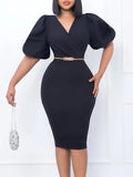 Women's Summer New Bubble Sleeve V-Neck Bag Buffet Professional OL Tangle African