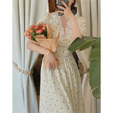 Party Vintage Chiffon Floral Dress Women Elegant Lace Kawaii Korean Party Dress Puff Sleeve Sexy V Neck Midi Dress Summer Dresses