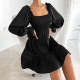 Celmia Elegant Women Ruffled Sundress 2022 Puff Long Sleeve Sexy Square Collar Mini Dress Casual Solid Pleated Party