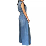 Toloer Women's New Casual Wash Sleeveless Jeans Joined Wide-Leg Pants-Outfit