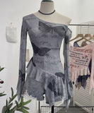Tie Net Yarn Oblique Shoulder Babes Sexy Body-On-Sleeve Horn Irregular Top