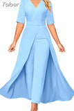 Office Lady Jumpsuit Patchwork V Neck 2023 New Summer Lace Up Women One Piece Long Trousers Solid Overalls