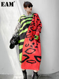 Women Printed Big Size Orange Knitting Dress New Round Neck Long Sleeve Loose Fit Fashion Tide Spring Autumn 2023