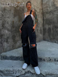 TWOTWINSTYLE Hole Hollow Out Overalls For Women Sleeveless High Waist Fake Two Piece Denim Wide Leg Pants Female Clothing