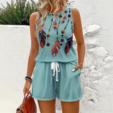 Summer New Feather Printed Casual Fashion Round-Neck Shorts Set For