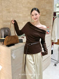Xixi 2025 Autumn White Standard Temperament Shoulder Wool Bottom Shirt Long-Sleeved Knitted Shirt Female
