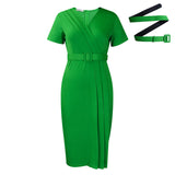 Women's 2025 Summer New Short-Sleeved V-Necked Waist Solid Color OL Tongle Pencil Dress African