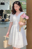 Women Summer White Floral Lace Hollow Out V-Neck Casual Dresses Elegant Single-breasted Short Sleeve Fashion Female