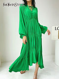 TWOTWINSTYLE Casual Green Long Dresses Female V Neck Lantern Sleeve Lace Up High Waist Loose Dresses Female Fashion 2022
