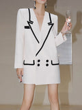 Fashion Women's Jacket Loose Notched Collar Full Sleeve Double Breasted Black Stripe White X-long Blazer 2023 New