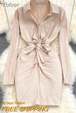 Women Dress 2023 New Spring Fashion Solid Turn down Collar Long Sleeve Twist Front Empire Folded Mini Party Bodycon Dress