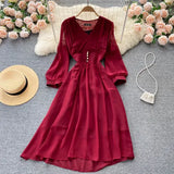 Autumn Vintage V-Neck Chiffon Dress Women Elegant Puff Long Sleeve High Waist Purple/Green/White Robe Female Casual Vestidos