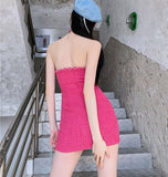 Temperament Fashion Women Sexy Strapless Tweed Mini Dress Vestidos Summer Elegant Off Shoulder Slim Bodycon Party