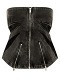 Fashion Women's Tank Tops Slim Strapless Backless Hollow Out Zip Splited Solid Color Denim T-shirt Summer 2023 New