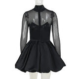Black Turtleneck Sheer Long Sleeve Satin Mini Dress-Outfit