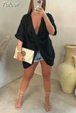 Front Draped Baggy Basic T-shirts for Women Simple Plunge V-neck Short Sleeve Tops Casual Summer Solid Irregular