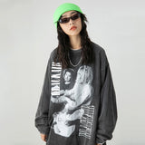 Punk Style Hoodies Grunge Print Vintage Hip Hop Oversized Pullovers Distressed Wash Black Sweatshirts Hippie Emo