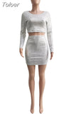 Women's Dress Suits Sexy Sparkly Sequin Long Sleeve Crop Top and Elastic High Waist Sheath Mini Skirts 2 Piece