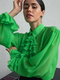 Green Ruffle Blouse Elegant Women Sheers Chiffon Shirts Lantern Sleeve Frill Top Chic Cascading Ruffle Blouse