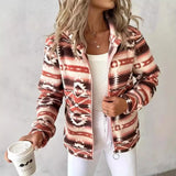 Large-Size Fashion Casual Casual Women's Loose Geometric Pattern Print Hooded Zip-Down Jacket