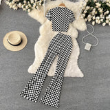 Summer Women Fashion Retro Plaid Set Short Sleeve Slim Short Tops+High Waist Long Flared Pants Two Piece