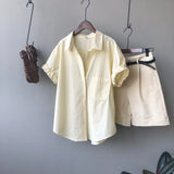 Basic Green Shirts for Women Summer Turn-down Collar Office Ladies Loose Short Sleeve Blouse Female Tops Blusas