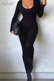 Skinny Yoga Jumpsuit Solid Color Long Sleeves Ribbed Bodysuit Casual Gym Fitness Running One Piece Overalls
