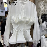 Ruffle Ruched Shirt For Women Stand Collar Lantern Sleeve Sashes Casual Blouse Female Fashion Tide