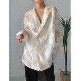 Women Beige Jacquard Embroidery Big Size Blouse New Lapel Long Sleeve Loose Fit Shirt Fashion Spring Autumn 2023