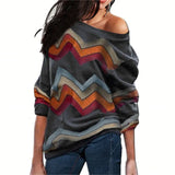 Women Blouses Off Shoulder Tops Striped Print Pullover Jumper Casual Knitted Top Long Sleeve Blouse Shirt Camiseta
