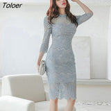 Korean Style Women Vintage Stand Neck Lace Embroidery Midi Dress Elegant Office Sexy Street Clothes Skinny Female