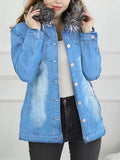 Denim Jacket Women Faux Fur Coat Long Sleeve Autumn Winter Casual Streetwear Button Down Overcoat Vinatge Aesthetic Jean