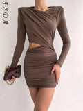 2021 Hollow Out Bodycon Dress Mini Women Brown Autumn Winter Sexy O Neck Long Sleeve Elegant Party Dresses Black