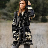 Jastie Overisized Retro Jacquard Cardigan Women Sweaters Tassel Trims Long Sleeve Winter Warm Thick Knitted Sweater Overcoat