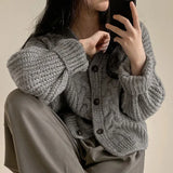 Solid V Neck Puff Sleeve Cable Knit Cardigan-Outfit