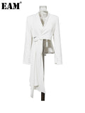 2023 New Spring Autumn V-collar Long Sleeve White Button Belt Spliced Irregular Jacket Women Coat Fashion Tide