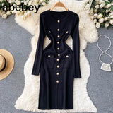 Women Knitted Pencil Dress Korean Long Sleeve Elastic Slim Dress Autumn Winter Sexy Bodycon Warm Sweater