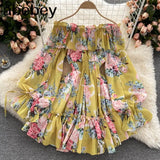 Women Off Shoulder Strap Dress Slash Neck Puff Sleeve Wide Leg Jumpsuits Summer Bohemian Print Vacation Short
