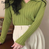 2023 Spring Autumn Knitted Sweater Women Korean Turn Down Collar Long Sleeve Pullover Woman Solid V Neck Jumper